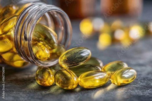 Gelatin capsules spill from a clear bottle onto a dark surface.
