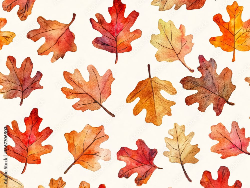 Fototapeta premium Beautiful Watercolor Pattern of Fall Oak Leaves