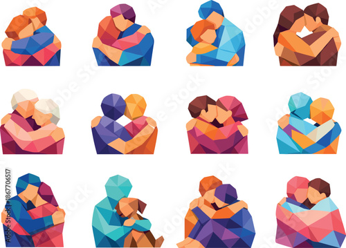 Warm Hugs Vector Set. Modern low-poly vector illustration set showcasing warm hugs through crisp triangular geometry and faceted