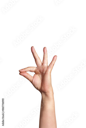 Woman hand doing ok gesture on a white background with copy space