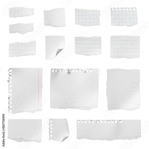 Collection of torn paper notes isolated on transparent background