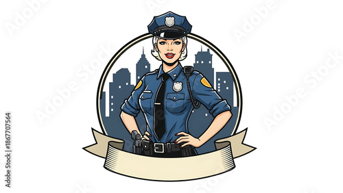 Vintage pin-up style vector illustration of a female police officer created for logo badges and public service branding, featuring flat solid colors, retro city scene, and emblem design