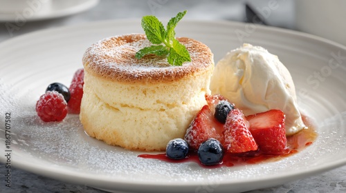 Vanilla souffle plated flat for modern effect, neutral stone surface, editorial fine dining look