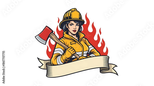 Vintage pin-up style vector illustration of a female firefighter designed for logo badges and safety branding, using flat solid colors, retro fire station background, and emblem layout