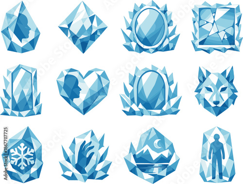 Icy Geometric Icon Set. Low-poly vector icon set for reflection inside an ice shard and frozen mirror effect, featuring angular