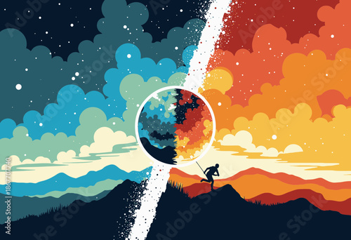 Colorful Split Landscape with Divergent Sky Colors and Silhouetted Figure Overlooking Divided Horizon Amidst Vivid Mountains and Contrasting Sky Elements