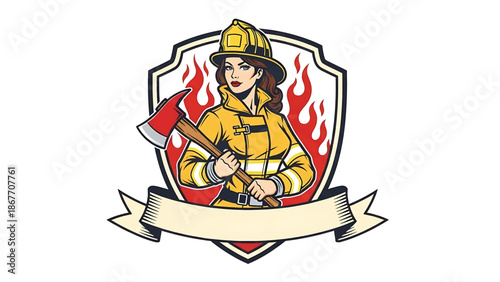 Vintage pin-up style vector illustration of a female firefighter designed for logo badges and safety branding, using flat solid colors, retro fire station background, and emblem layout
