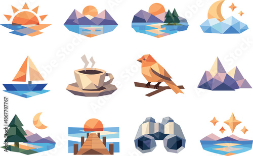Sunrise Icon Set. Quiet first sunrise and calm morning beginning illustrated as a low-poly vector icon set with sharp polygon