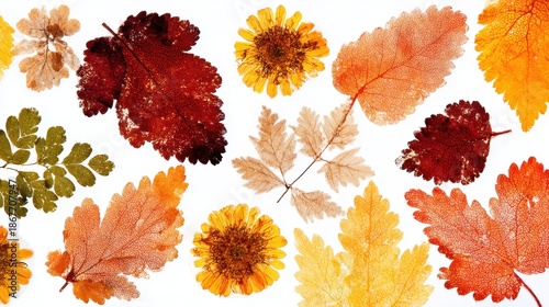 Colorful autumn leaves and flowers arrangement on white background