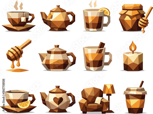 Warm Tea Icons. Warm tea with honey and comforting beverage illustrations visualized as a cohesive low-poly vector icon set built