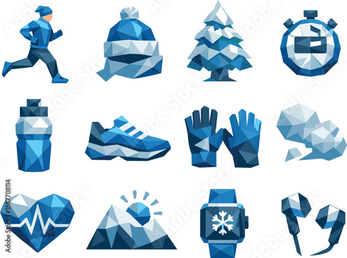 Winter Jogging Icons. Cold morning jogging and winter exercise visualized as a low-poly vector icon set with sharp polygon edges,