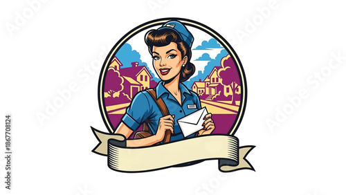 Vintage pin-up style vector illustration of a female postal worker made for delivery logo badges and service branding, with flat solid colors, retro street scene, and emblem design