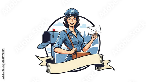 Vintage pin-up style vector illustration of a female postal worker made for delivery logo badges and service branding, with flat solid colors, retro street scene, and emblem design