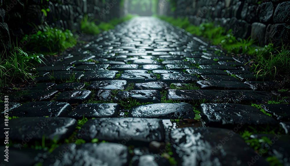 Fototapeta premium Medieval cobblestone road, dark wet stones glistening with rain, patches of green grass and dirt
