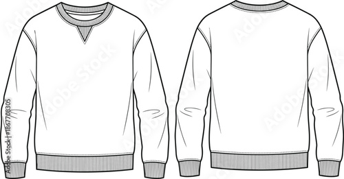 Crewneck sweatshirt front back view, ribbed neckline cuffs hem, v stitch detail classic fashion garment design flat vector illustration