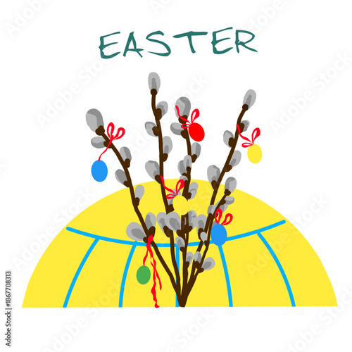 Minimalist Easter composition featuring a rabbit silhouette, pussy willow branches decorated with colorful eggs, and a rising sun. Simple digital art for holiday greeting cards and posters.