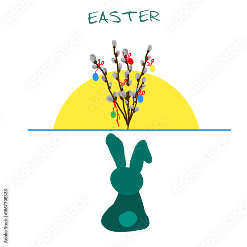 Minimalist Easter composition featuring a rabbit silhouette, pussy willow branches decorated with colorful eggs, and a rising sun. Simple digital art for holiday greeting cards and posters.