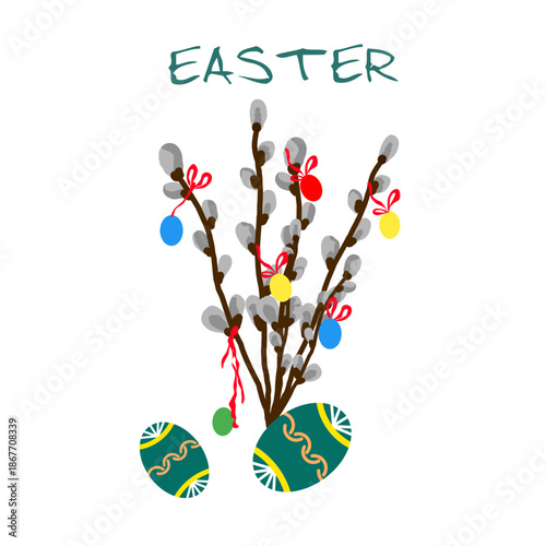 A festive Easter composition featuring pussy willow branches decorated with small hanging colorful eggs and larger decorated eggs at the bottom.