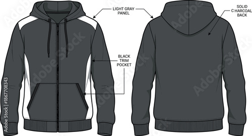 Hooded zip up jacket front back view, light gray panels, black trim pockets, solid charcoal back fashion garment flat vector illustration