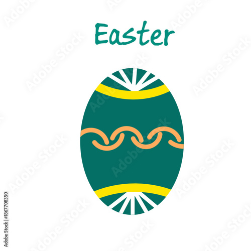 A set of stylized Easter eggs in red, blue, and yellow with geometric patterns and bunny icons. Green decorated egg (pysanka) with traditional ornaments and spring bouquet.