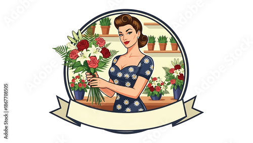 Vintage pin-up style vector illustration of a woman florist created for boutique logo badges and floral branding, using flat solid colors, retro shop scene, and emblem layout