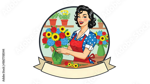 Vintage pin-up style vector illustration of a woman florist created for boutique logo badges and floral branding, using flat solid colors, retro shop scene, and emblem layout