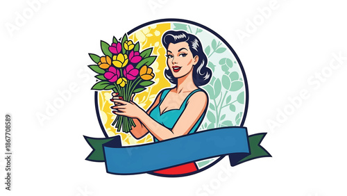 Vintage pin-up style vector illustration of a woman florist created for boutique logo badges and floral branding, using flat solid colors, retro shop scene, and emblem layout