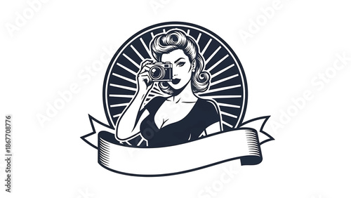 Vintage pin-up style vector illustration of a female photographer designed for creative logo badges, featuring flat solid colors, retro studio scene, and emblem-ready composition