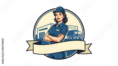 Vintage pin-up style vector illustration of a female delivery driver designed for logistics logo badges, featuring flat solid colors, retro truck scene, and emblem composition