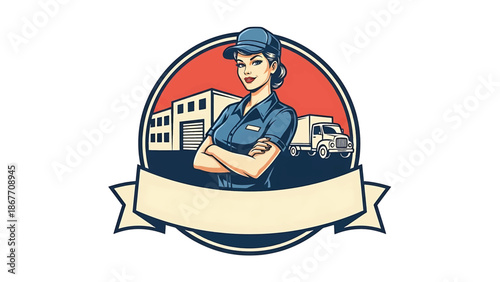 Vintage pin-up style vector illustration of a female delivery driver designed for logistics logo badges, featuring flat solid colors, retro truck scene, and emblem composition