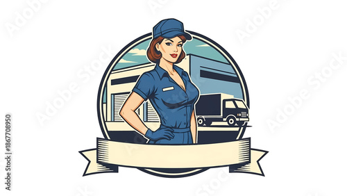 Vintage pin-up style vector illustration of a female delivery driver designed for logistics logo badges, featuring flat solid colors, retro truck scene, and emblem composition