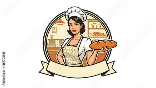 Vintage pin-up style vector illustration of a woman baker created for food logo badges and bakery branding, using flat solid colors, retro bakery scene, and emblem layout