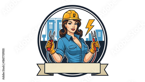 Vintage pin-up style vector illustration of a female electrician designed for trade logo badges and industry branding, featuring flat solid colors, retro power scene, and emblem design