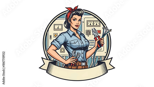 Vintage pin-up style vector illustration of a female electrician designed for trade logo badges and industry branding, featuring flat solid colors, retro power scene, and emblem design