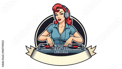 Vector logo badge of a pin-up style female DJ wearing headphones and mixing vinyl records, retro character illustration isolated on white, ideal for music branding, club logos, event promotion