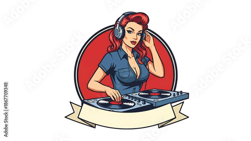 Vector logo badge of a pin-up style female DJ wearing headphones and mixing vinyl records, retro character illustration isolated on white, ideal for music branding, club logos, event promotion