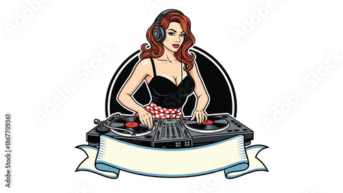 Vector logo badge of a pin-up style female DJ wearing headphones and mixing vinyl records, retro character illustration isolated on white, ideal for music branding, club logos, event promotion