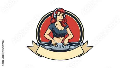 Vector logo badge of a pin-up style female DJ wearing headphones and mixing vinyl records, retro character illustration isolated on white, ideal for music branding, club logos, event promotion