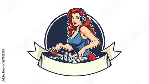 Vector logo badge of a pin-up style female DJ wearing headphones and mixing vinyl records, retro character illustration isolated on white, ideal for music branding, club logos, event promotion