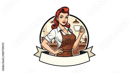 Vector logo badge of a pin-up style female barista, retro character illustration isolated on white, ideal for coffee branding, café logos, packaging, menus, and merchandise design