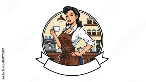 Vector logo badge of a pin-up style female barista, retro character illustration isolated on white, ideal for coffee branding, café logos, packaging, menus, and merchandise design