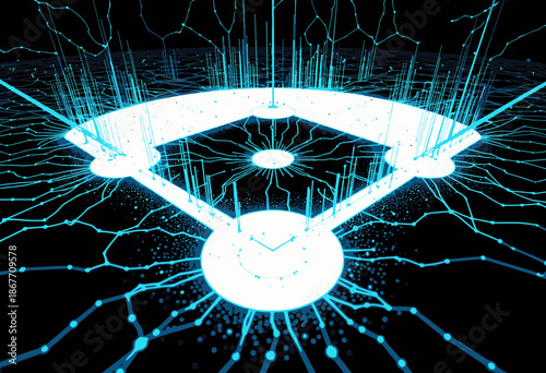 Futuristic Digital Baseball Diamond with Holographic Network of Glowing Blue Lines and High-Tech Connections on a Dark Background
