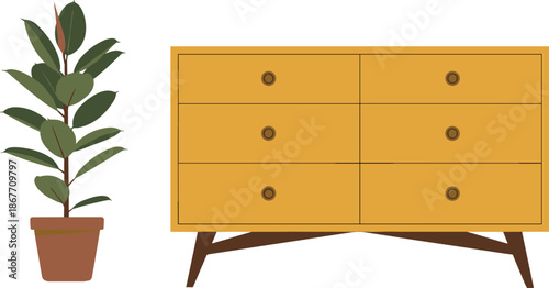 Potted plant and mid-century dresser, cozy interior decor scene, home design icon, flat vector illustration, modern furniture setup