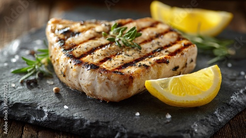 Grilled swordfish steak with lemon accent, light stone tabletop