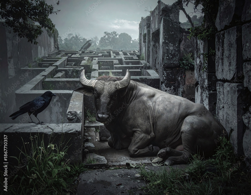Obraz premium Powerful bull resting in a haunting stone labyrinth under a foggy sky. This cinematic, mythical scene evokes the Minotaur legend, perfect for mystery, fantasy, and psychological themes.