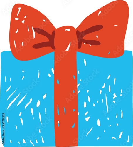 Blue gift box with a large red bow, simple hand-drawn pencil style.