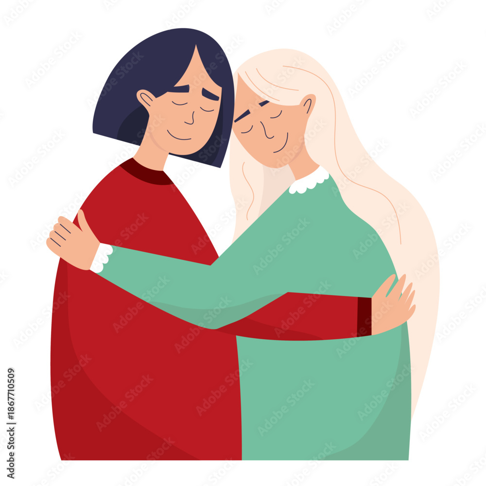 Fototapeta premium Best friends hugging flat vector illustration. Galentine's day flat illustration