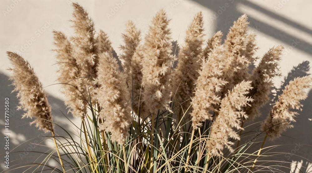 Fototapeta premium Arrangement of beige pampas grass against a light neutral wall with sunlight