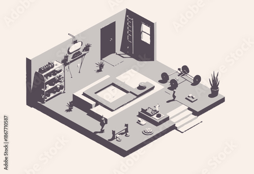 Isometric Home Gym with Multifunctional Fitness Area Including Weights, Ladder, and Exercise Mats Styled in Minimalist Design for Modern Living Spaces