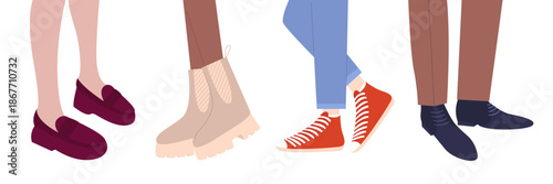 Legs in different kinds of shoes set. Sneakers, loafers, Chelsea boots, men's shoes